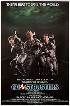 Ghostbusters movie poster wall art print with three uniformed paranormal investigators under a swirling green storm sky.
