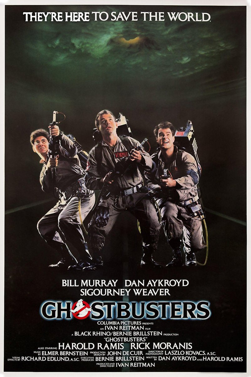 Ghostbusters movie poster wall art print with three uniformed paranormal investigators under a swirling green storm sky.