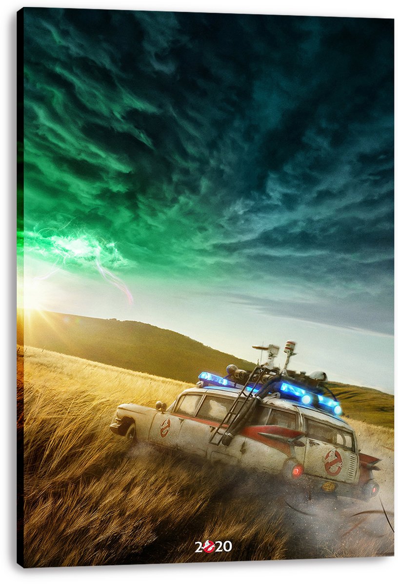 Ghostbusters Ecto-1 canvas wall art print with visible wrapped edges, depicting the logo-marked car speeding across a sunlit field under dark clouds.