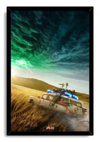 Ghostbusters Ecto-1 framed wall art print portrays the equipment-covered white car crossing a dusty grassland beneath dramatic green and blue storm clouds.