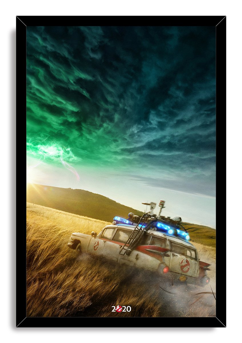 Ghostbusters Ecto-1 framed wall art print portrays the equipment-covered white car crossing a dusty grassland beneath dramatic green and blue storm clouds.