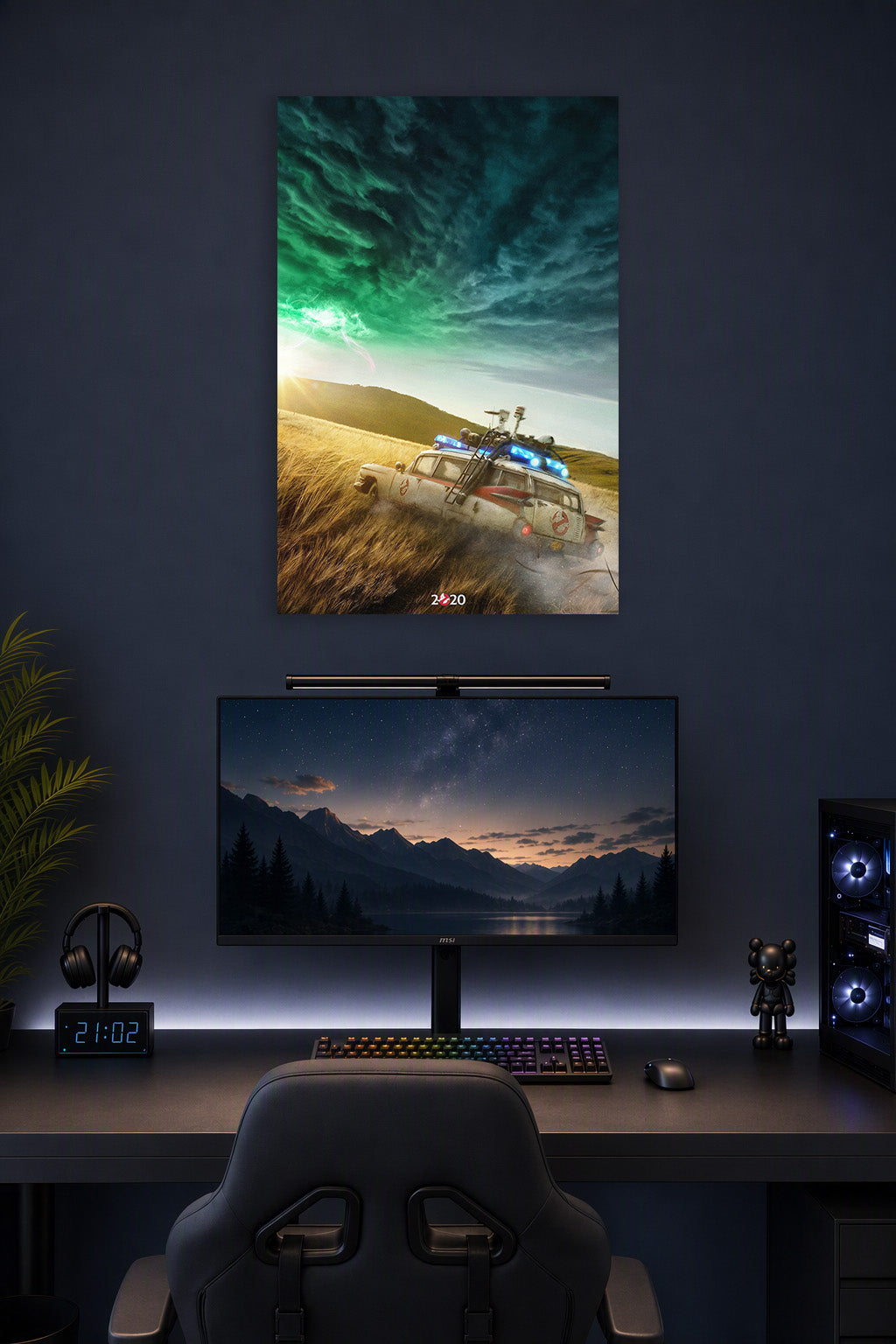 Ghostbusters Ecto-1 Car in a gaming desk setup above a monitor.
