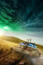 Ghostbusters Ecto-1 wall art print racing through golden grass beneath a swirling teal storm sky, with blue roof lights and green lightning.