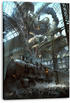 Steampunk robot train station canvas print featuring a colossal metal automaton above a steam engine and onlookers.