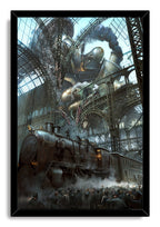 Steampunk train station framed wall art print depicts a towering robot, black steam train, broken glass roof, and crowd.