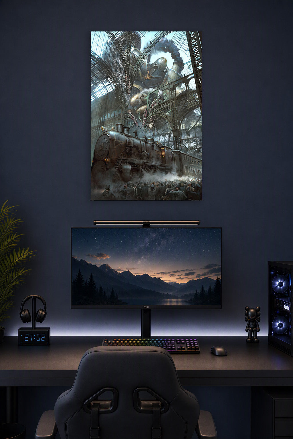 Giant Steampunk Robot Train Station in a gaming desk setup above a monitor.