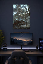 Giant Steampunk Robot Train Station in a gaming desk setup above a monitor.