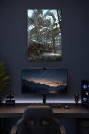 Giant Steampunk Robot Train Station in a gaming desk setup above a monitor.