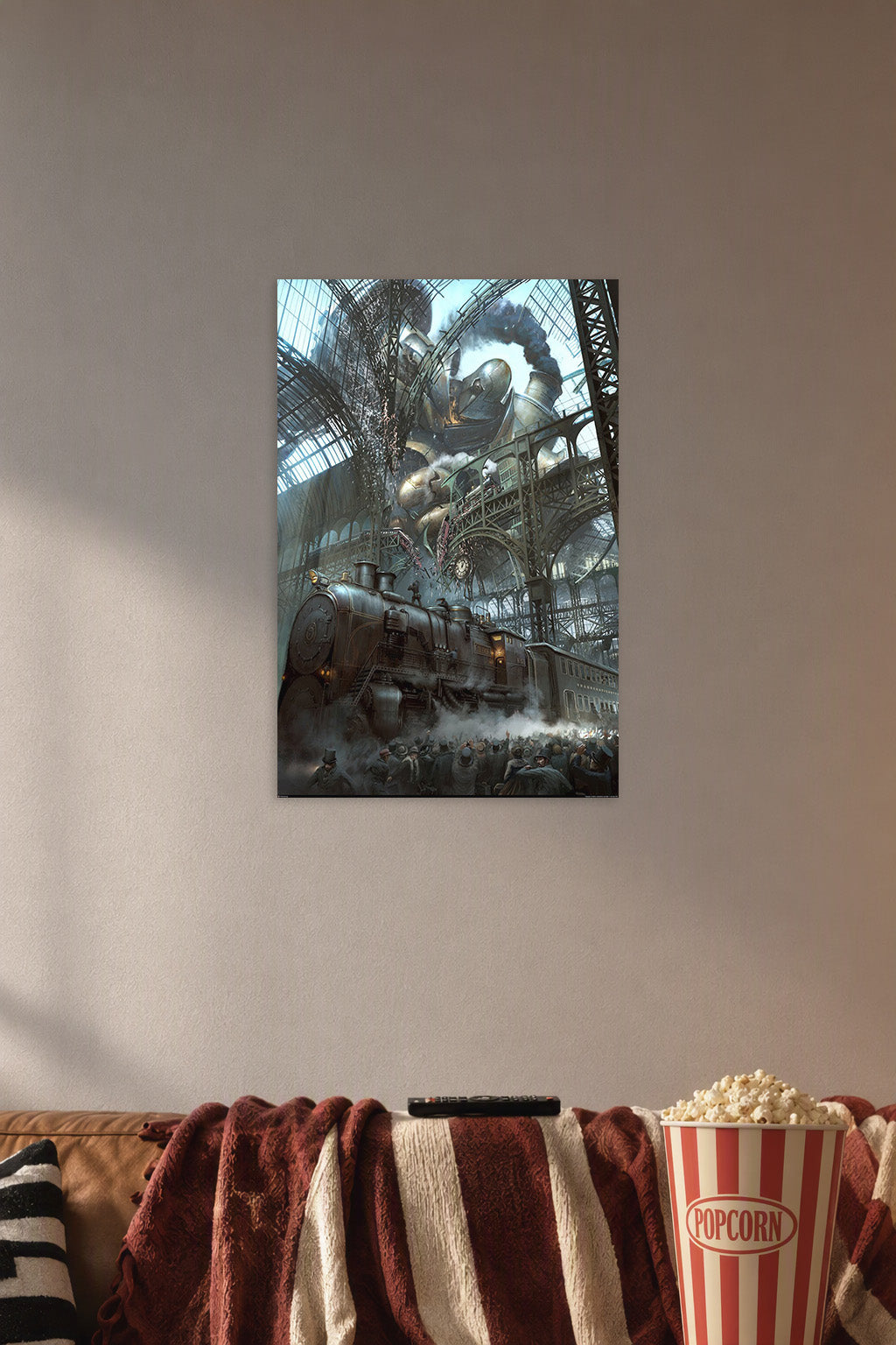 Giant Steampunk Robot Train Station in a cozy movie room above a brown sofa with popcorn.