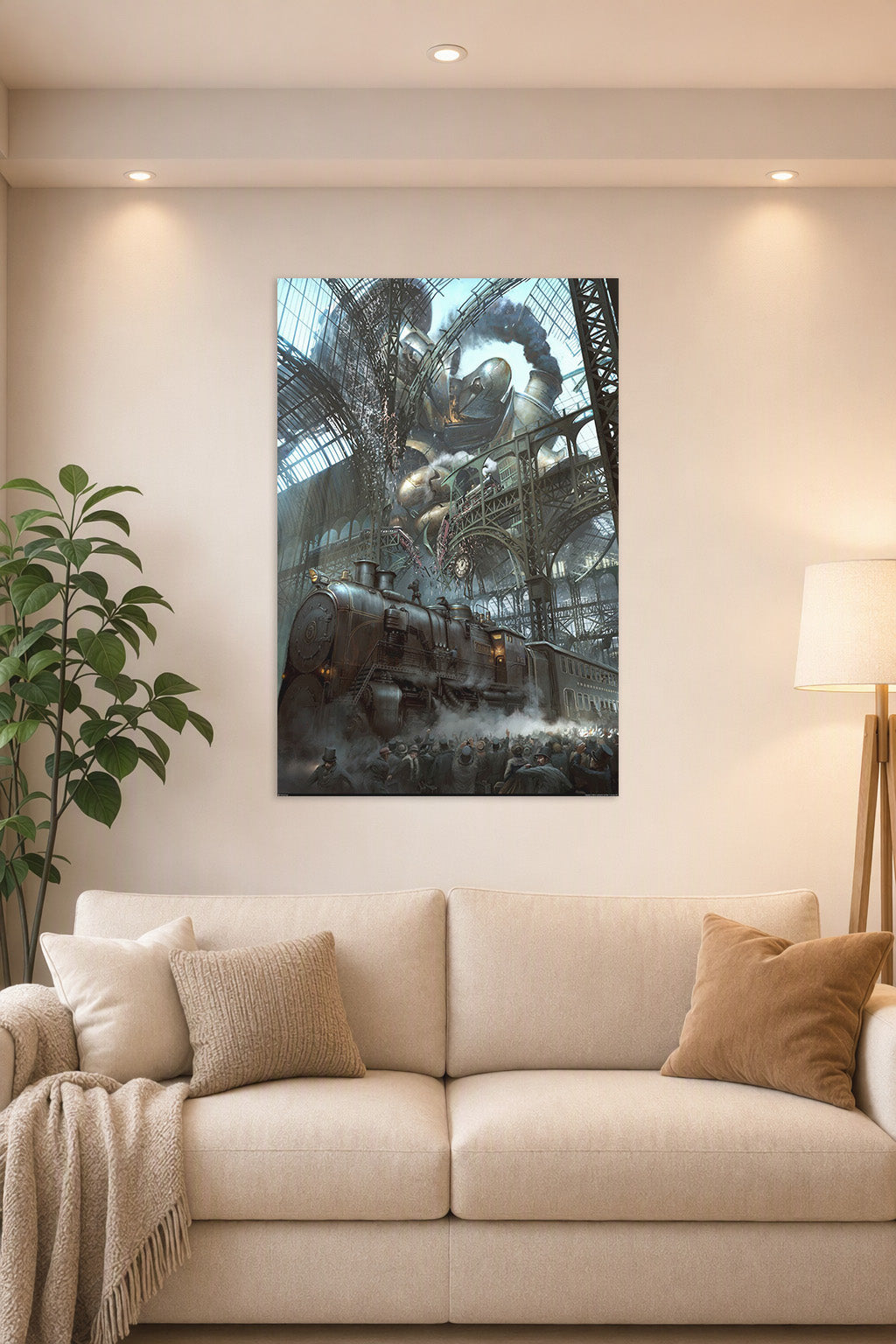 Giant Steampunk Robot Train Station in a bright living room above a beige sofa.