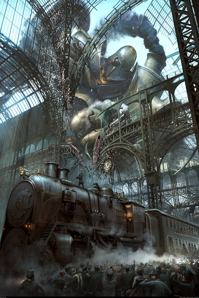 Steampunk train station wall art print with a giant brass robot, smoking locomotive, iron arches, and a crowd below.