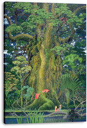 Giant tree canvas wall art print presents a vine-covered ancient trunk amid dense green foliage, red birds, and small figures below.