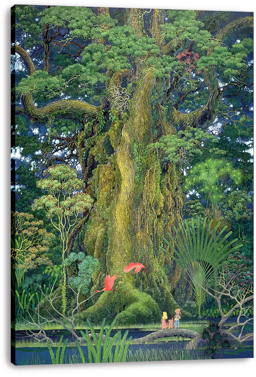 Giant tree canvas wall art print presents a vine-covered ancient trunk amid dense green foliage, red birds, and small figures below.