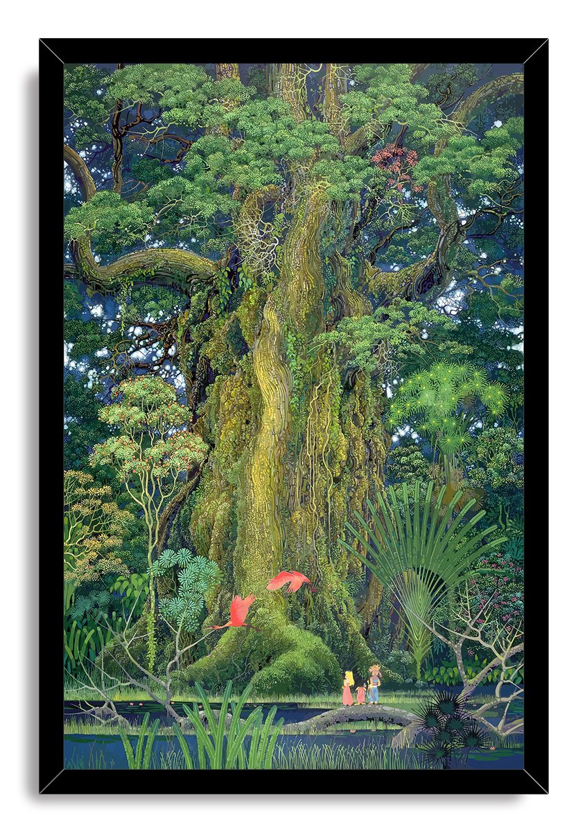 Giant tree framed wall art print features a towering mossy trunk, intricate forest greenery, two red birds, and three figures by a stream.