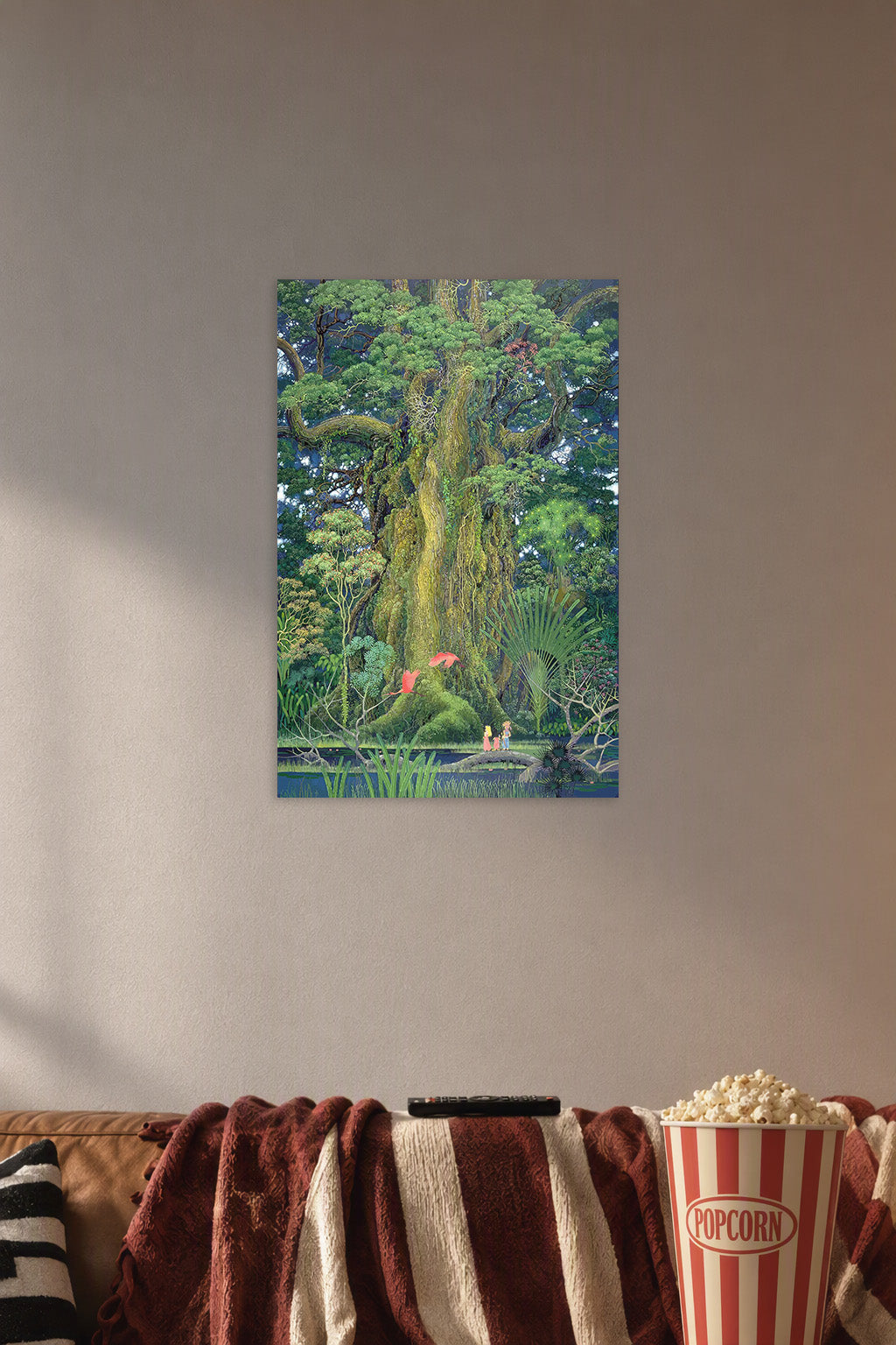 Giant Tree Forest in a cozy movie room above a brown sofa with popcorn.