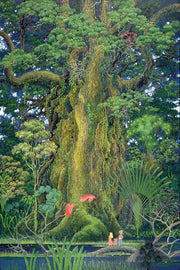 Giant tree wall art print depicts a moss-covered ancient trunk, lush green forest, scarlet birds, and three tiny figures by water.