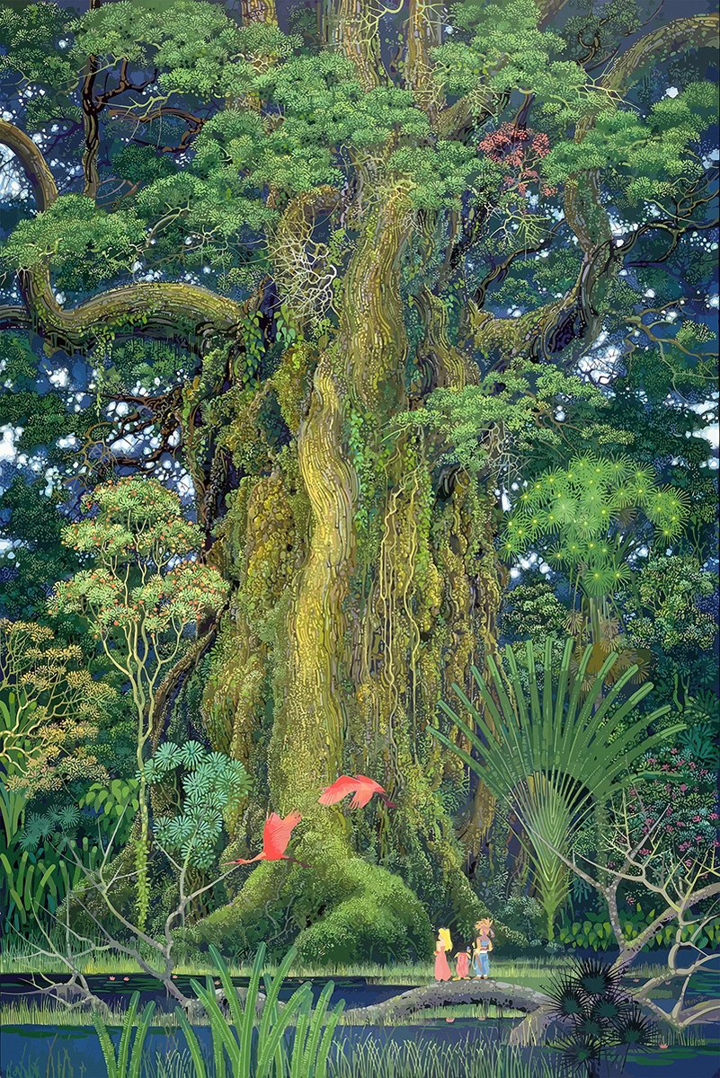 Giant tree wall art print depicts a moss-covered ancient trunk, lush green forest, scarlet birds, and three tiny figures by water.