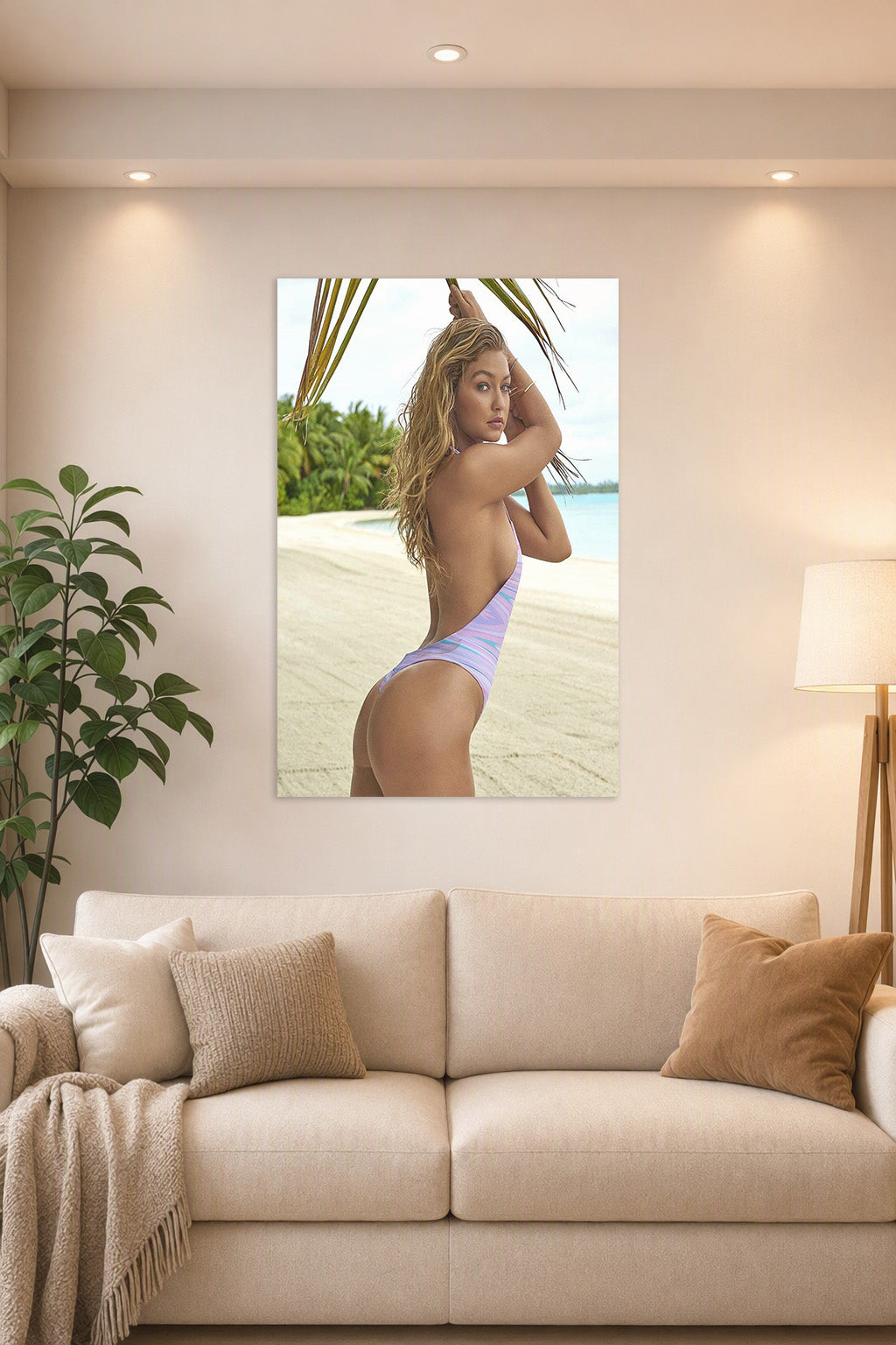 Gigi Hadid Beach Fashion in a bright living room above a beige sofa.