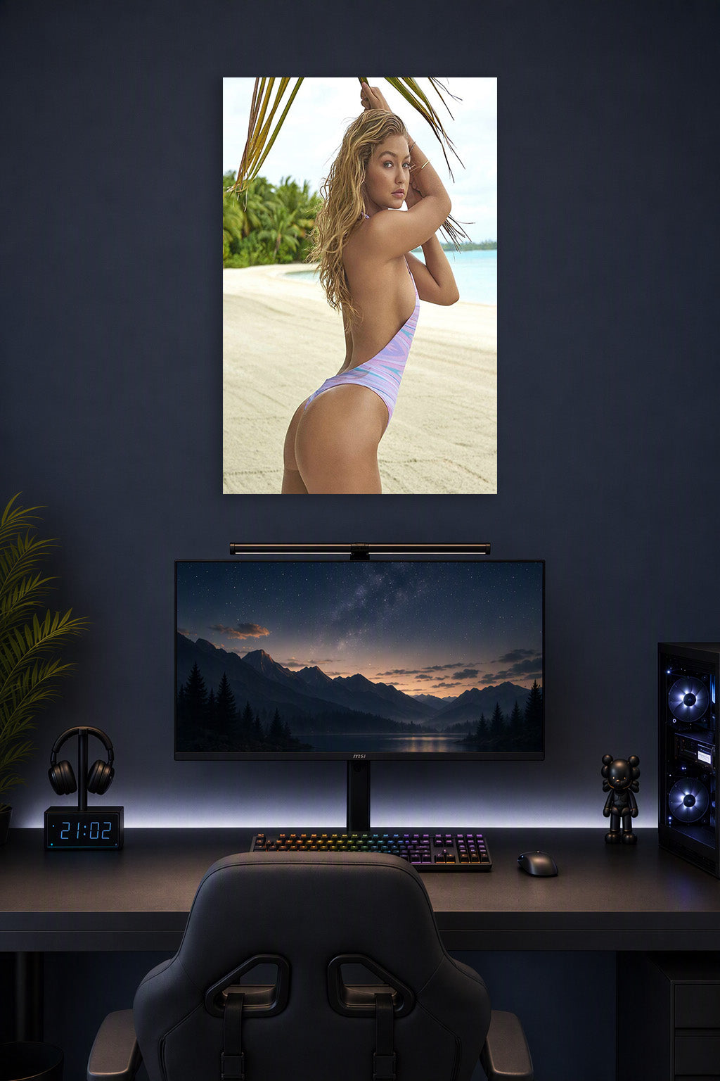 Gigi Hadid Beach Fashion in a gaming desk setup above a monitor.