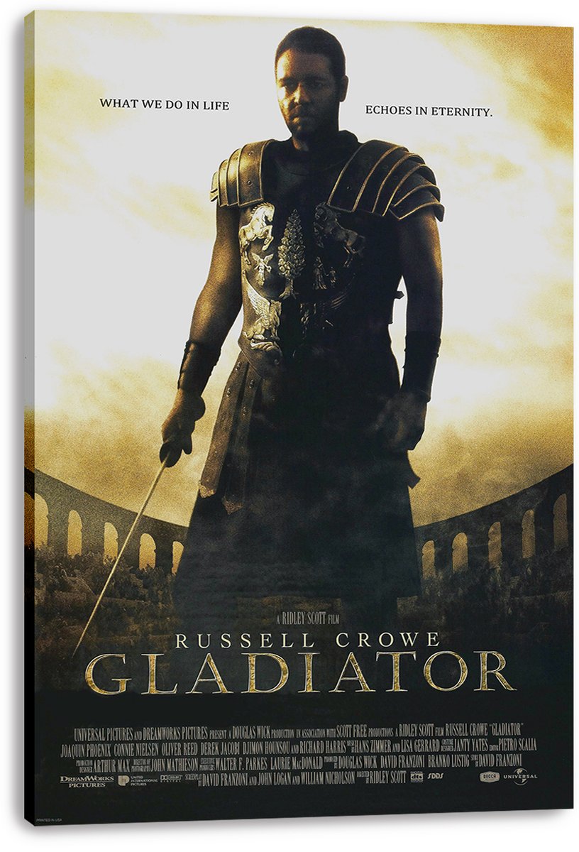 Gladiator canvas wall art print featuring Russell Crowe in Roman armor holding a sword against a golden Colosseum scene.