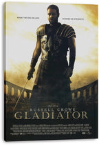 Gladiator canvas wall art print featuring Russell Crowe in Roman armor holding a sword against a golden Colosseum scene.