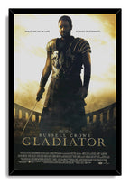 Gladiator framed wall art print with Russell Crowe as an armored warrior, sword in hand, above the Colosseum.
