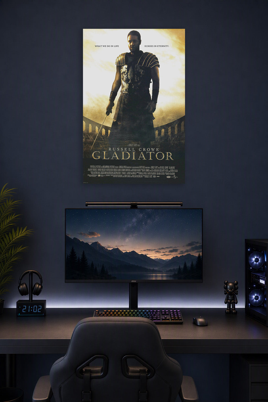 Gladiator Movie Russell Crowe in a gaming desk setup above a monitor.