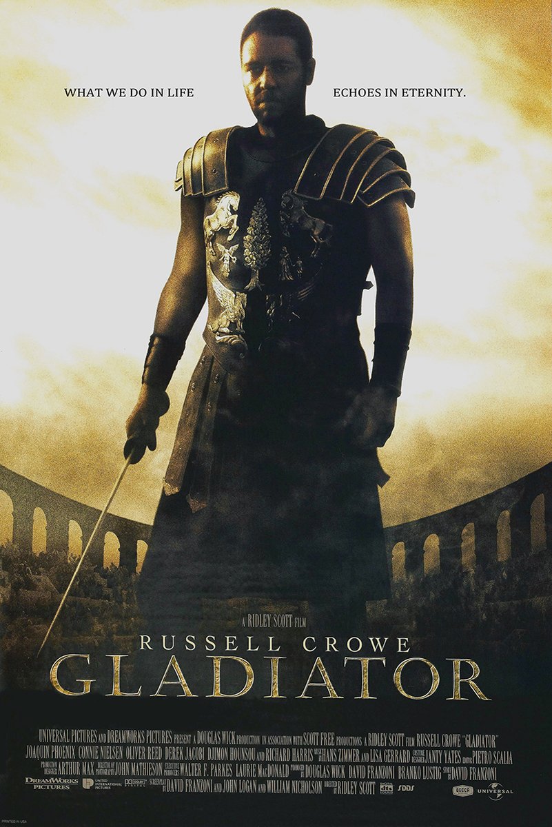 Gladiator poster featuring Russell Crowe in dark Roman armor with a sword before a sepia-toned Colosseum.