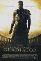 Gladiator poster featuring Russell Crowe in dark Roman armor with a sword before a sepia-toned Colosseum.