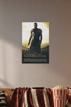 Gladiator Russell Crowe in a cozy movie room above a brown sofa with popcorn.