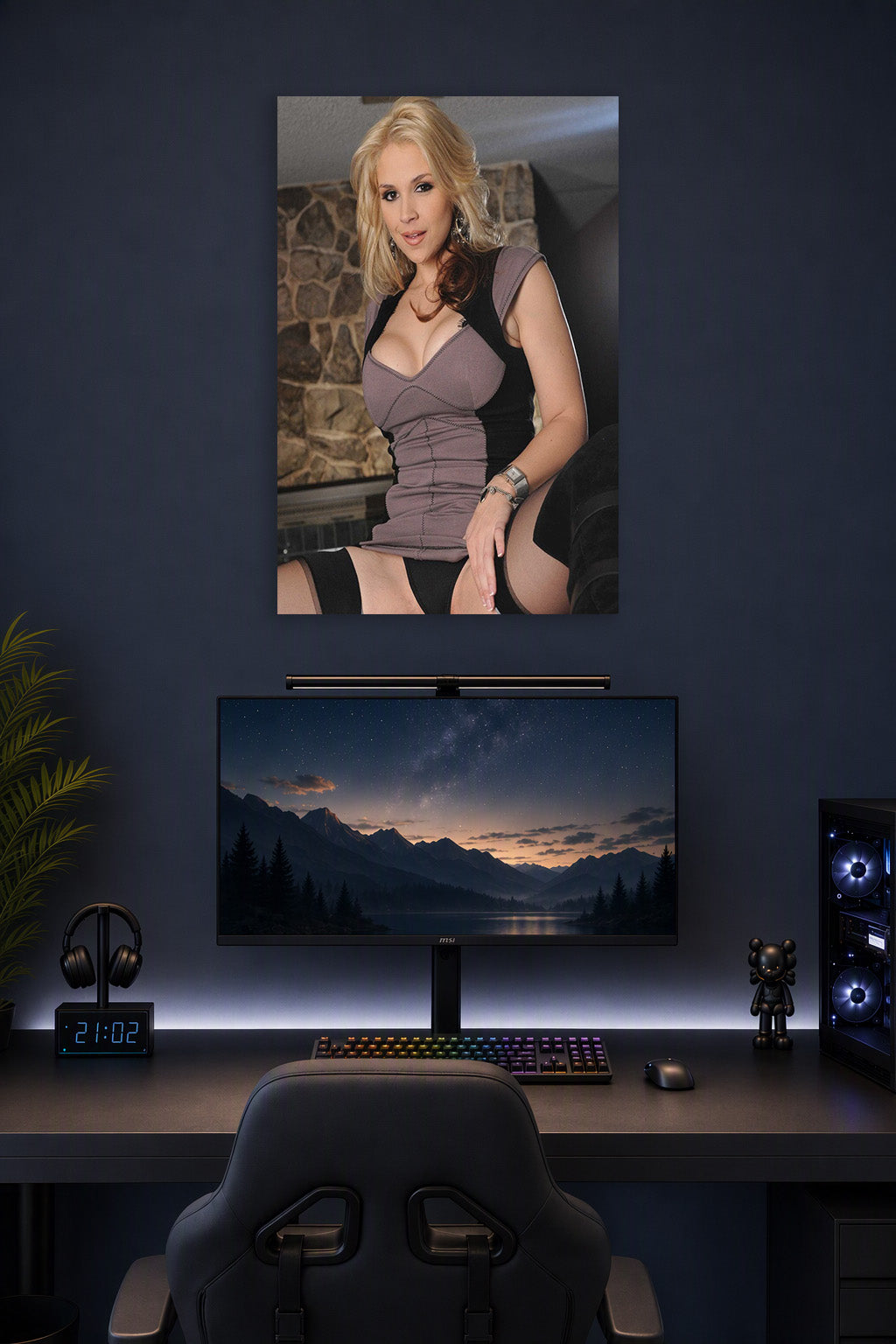 Glamorous Blonde Woman in a gaming desk setup above a monitor.