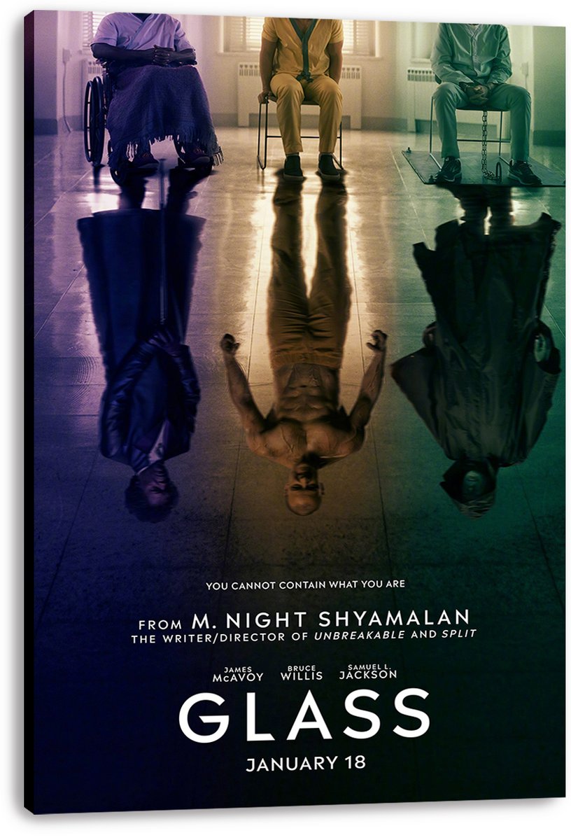 Glass movie poster canvas print featuring three restrained men and dramatic upside-down reflections, displayed with wrapped gallery edges.