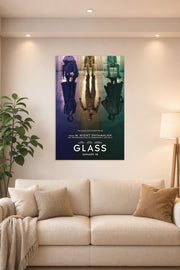Glass Movie Poster in a bright living room above a beige sofa.