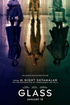 Glass movie poster wall art print with three seated men reflected as powerful figures on a purple, gold, and green floor.