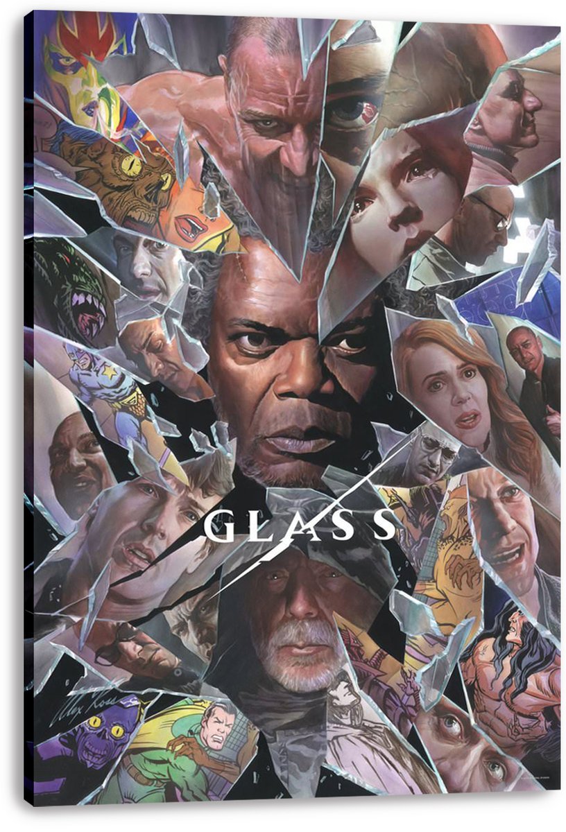 Glass movie canvas wall art print displays a dramatic shattered-glass collage of intense character portraits and colorful comic illustrations.