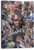 Glass movie canvas wall art print displays a dramatic shattered-glass collage of intense character portraits and colorful comic illustrations.