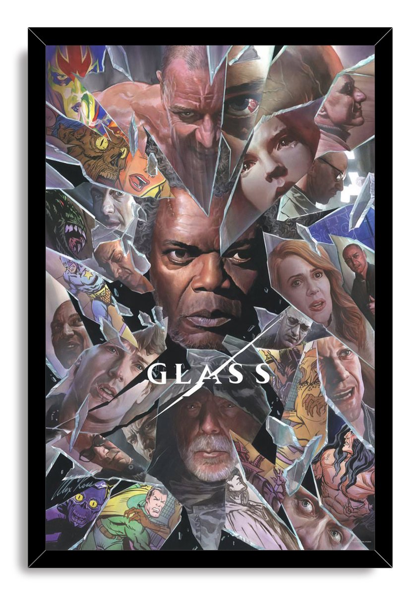 Glass movie framed wall art print presents a shattered-glass character collage with a black frame, bold title, and comic-style panels.