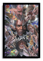 Glass movie framed wall art print presents a shattered-glass character collage with a black frame, bold title, and comic-style panels.