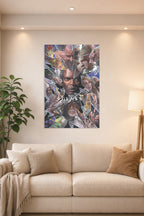 Glass Movie Trilogy Characters Comic Art in a bright living room above a beige sofa.