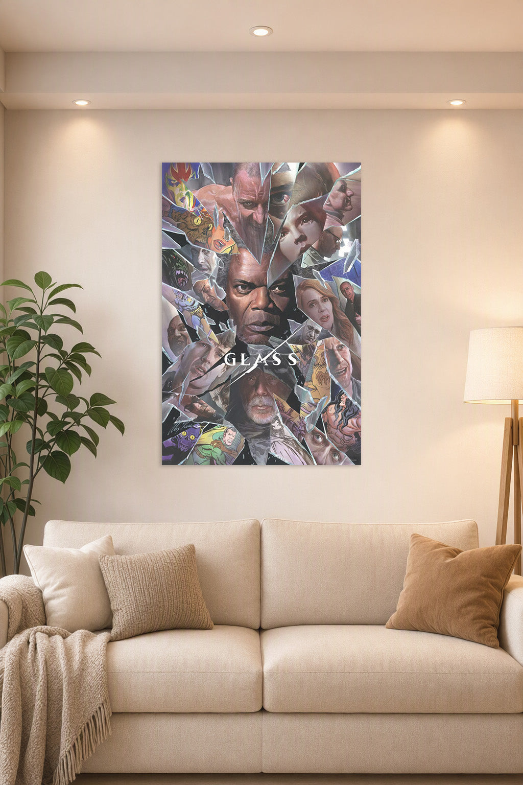 Glass Movie Trilogy Characters Comic Art in a bright living room above a beige sofa.