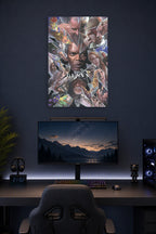 Glass Movie Trilogy Characters Comic Art in a gaming desk setup above a monitor.