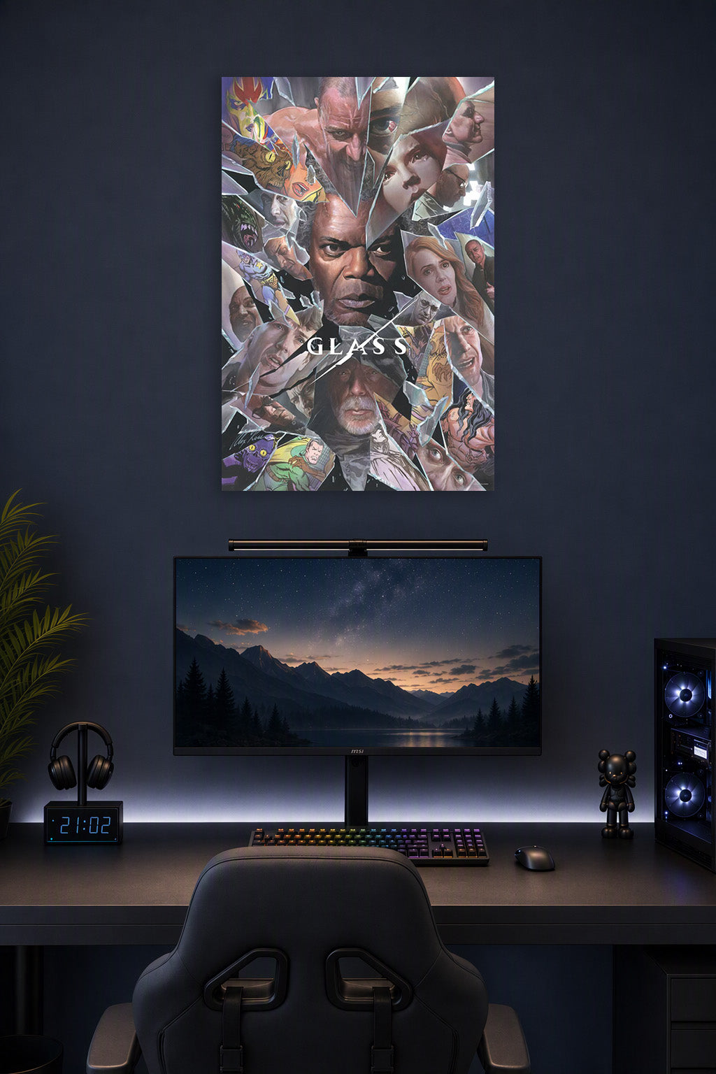 Glass Movie Trilogy Characters Comic Art in a gaming desk setup above a monitor.