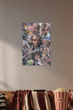 Glass Movie Trilogy Characters Comic Art in a cozy movie room above a brown sofa with popcorn.