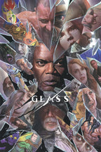 Glass movie poster wall art print features a central bald man, hooded elder, faces, comic panels, and shattered-glass fragments.
