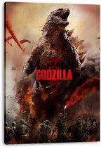 Godzilla canvas wall art print displays the roaring kaiju amid fiery smoke, parachuting figures, and soldiers holding weapons.