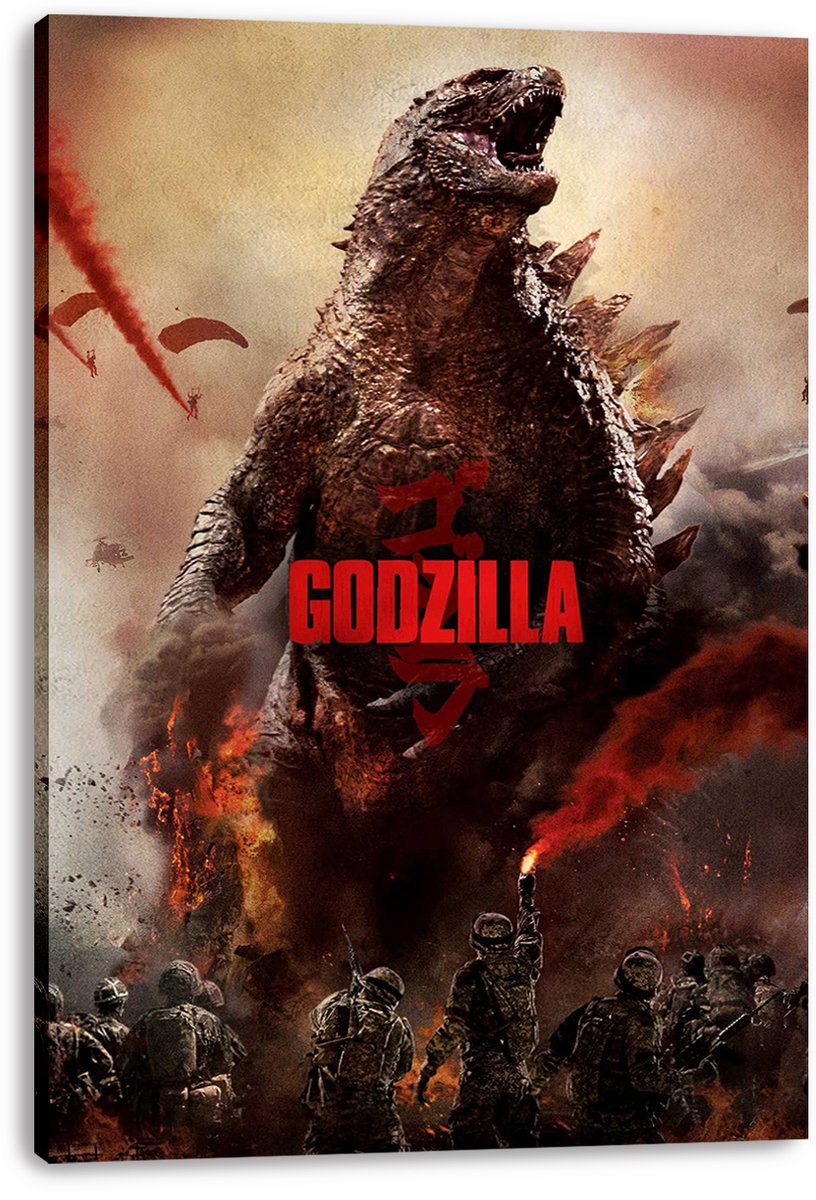 Godzilla canvas wall art print displays the roaring kaiju amid fiery smoke, parachuting figures, and soldiers holding weapons.