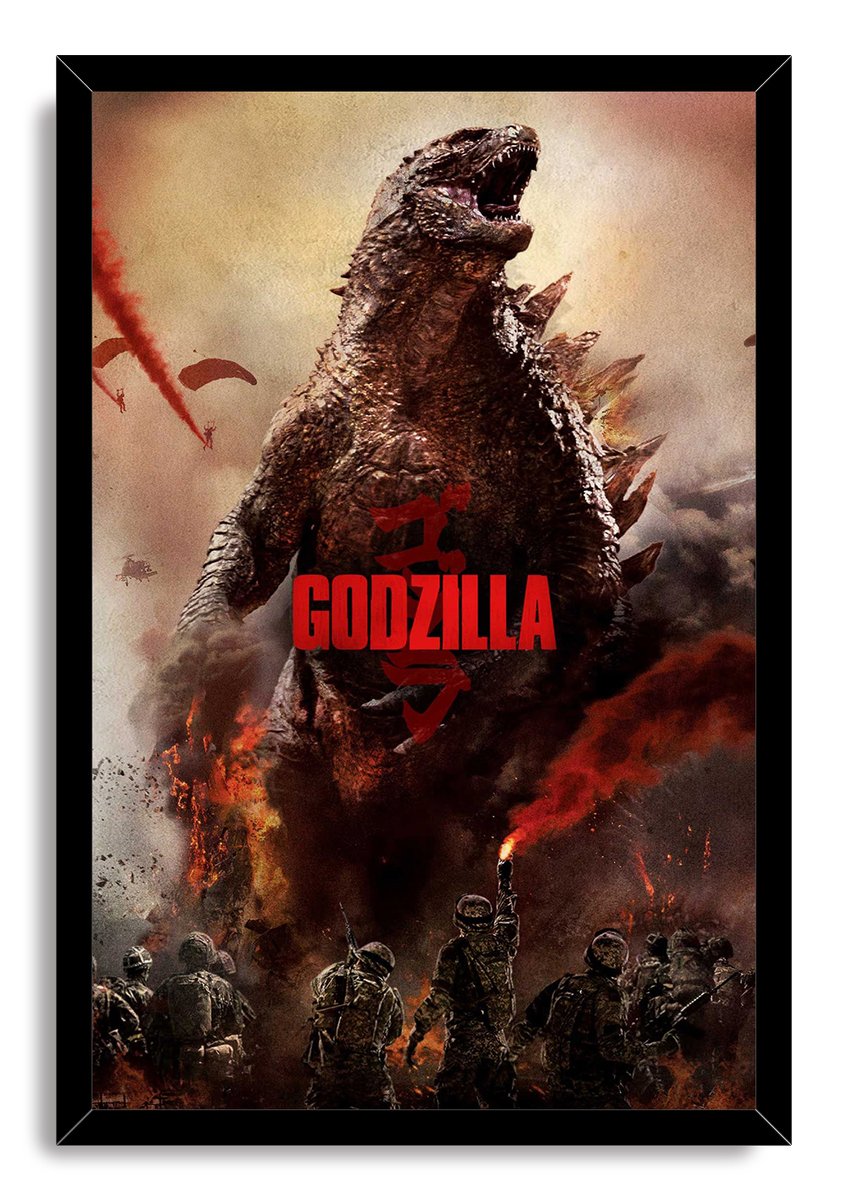 Godzilla framed wall art print portrays the towering roaring monster over armed soldiers and blazing red-black battlefield smoke.