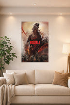 Godzilla in a bright living room above a beige sofa.