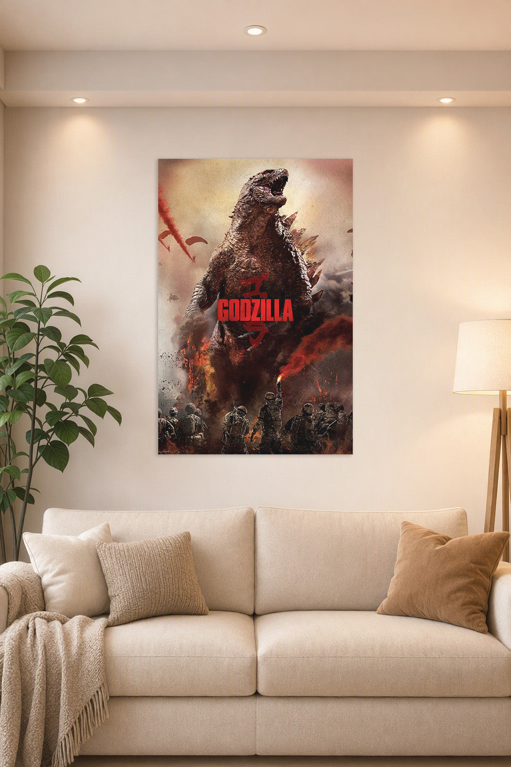 Godzilla in a bright living room above a beige sofa.