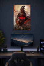 Godzilla in a gaming desk setup above a monitor.